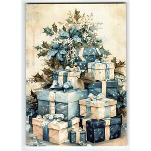Vintage Christmas Tree Postcard Blue Gift Boxes & Holly Printed Litho 5.5x4"